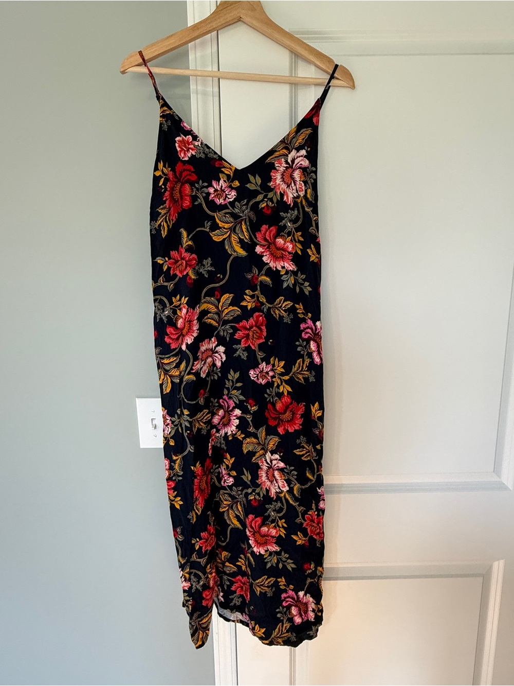 Old Navy Black Floral Slip Midi Dress with Pink & Red Blooms